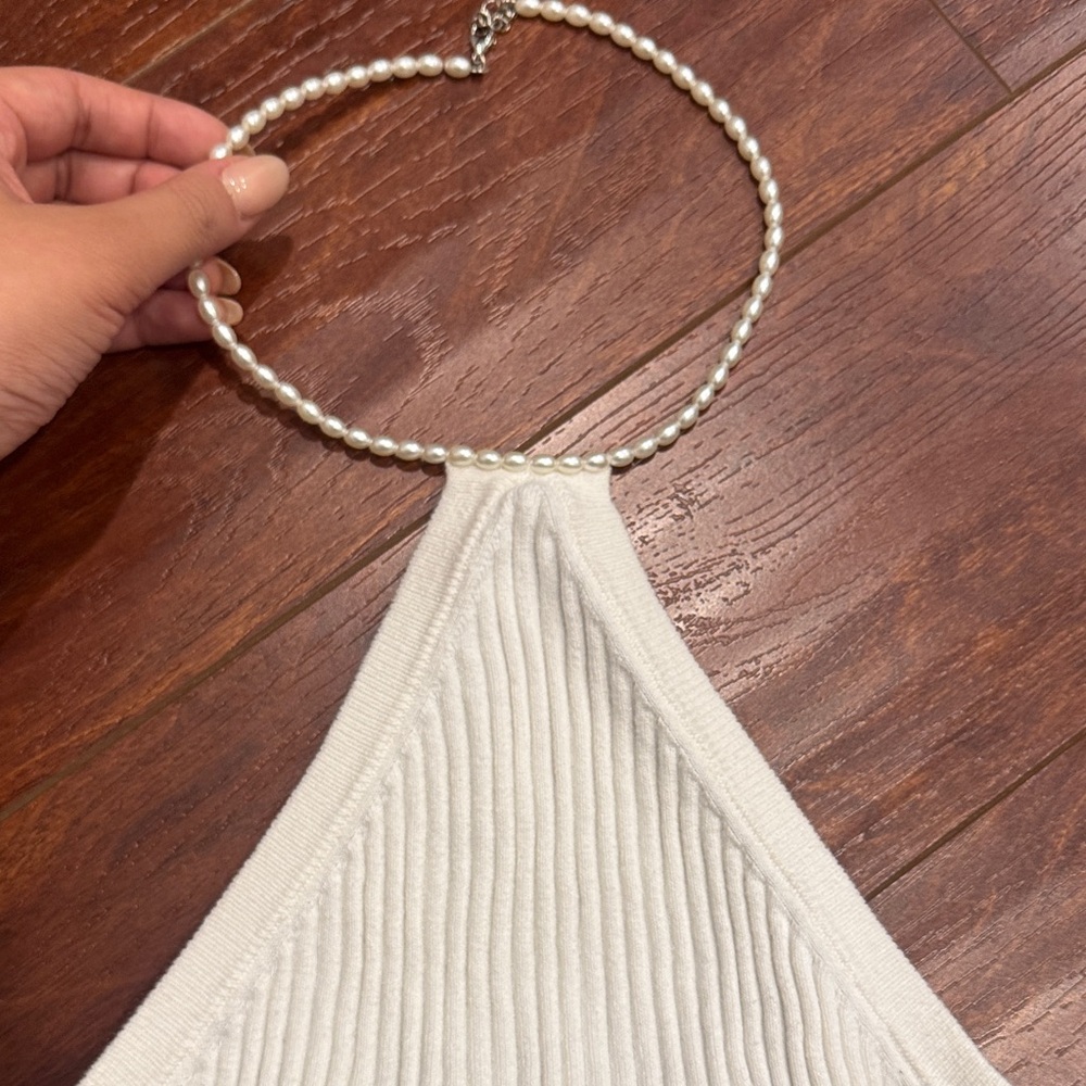 Cream Ribbed Pearl Halter Top - Picture 3 of 5